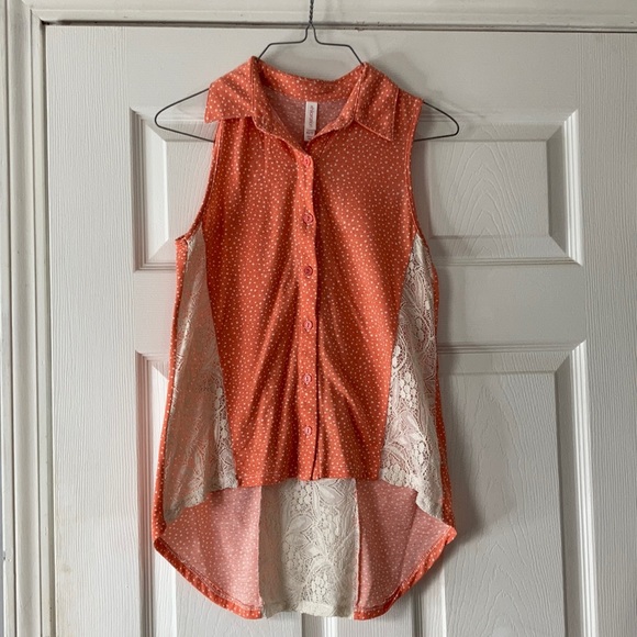 Exhilaration orange peach sheer Floral lacy button front Highlow shirt blouse - Picture 1 of 17